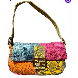 Y2K Cache Vintage Cute Bag Purse Hot Pink Neon Blue Colors Faux Skin Baguette